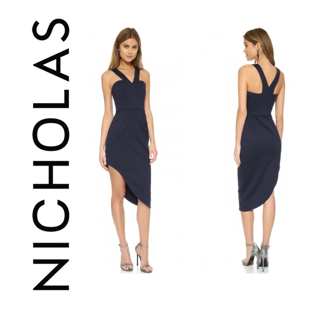 N NICHOLAS Ponti Halter Dress Asymmetrical Hem Size 4 navy
